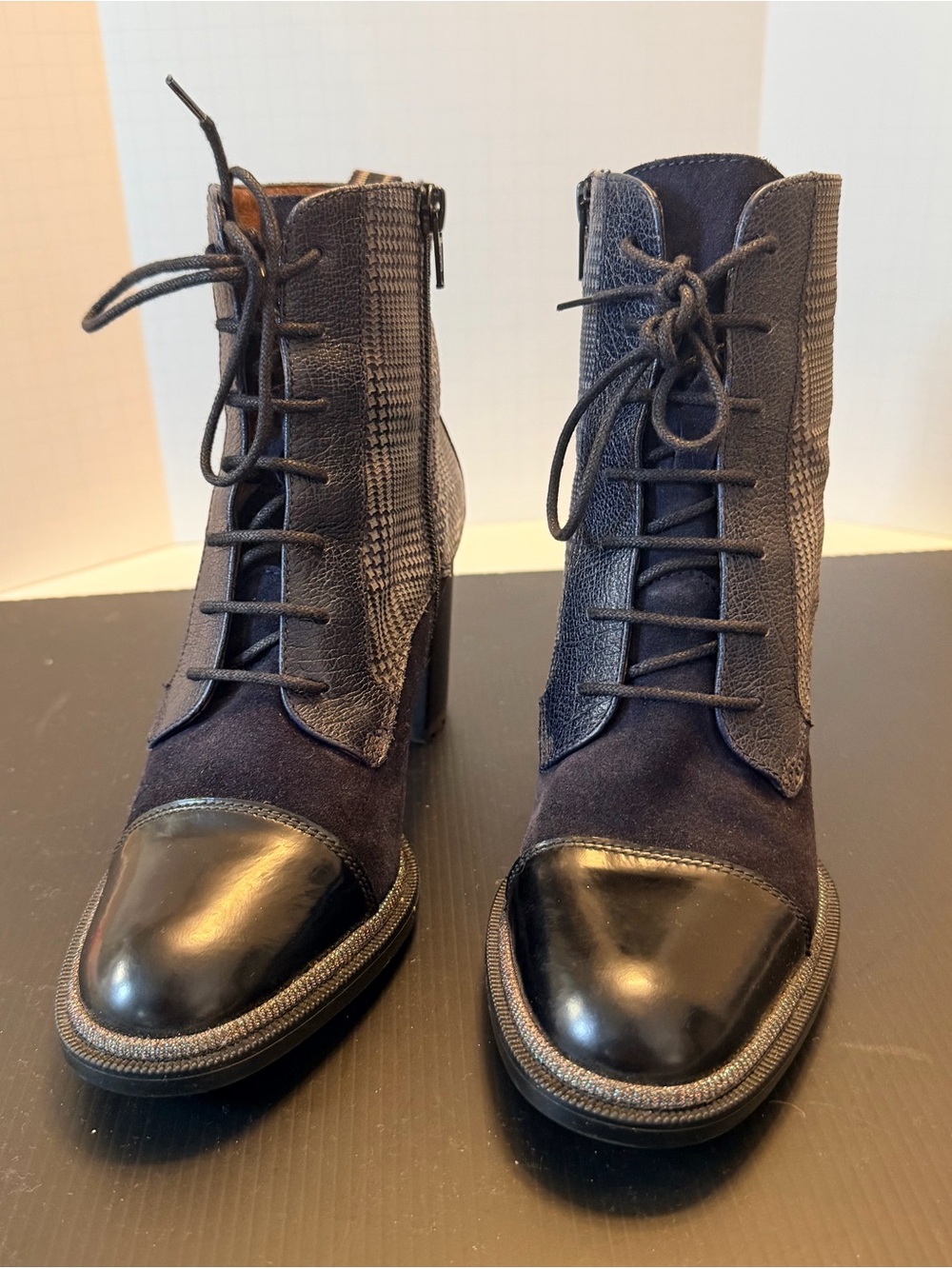 Hispanitas Blue Black 3” Heel Mixed Material Plaid and Suede Lace-Up Ankle Boots